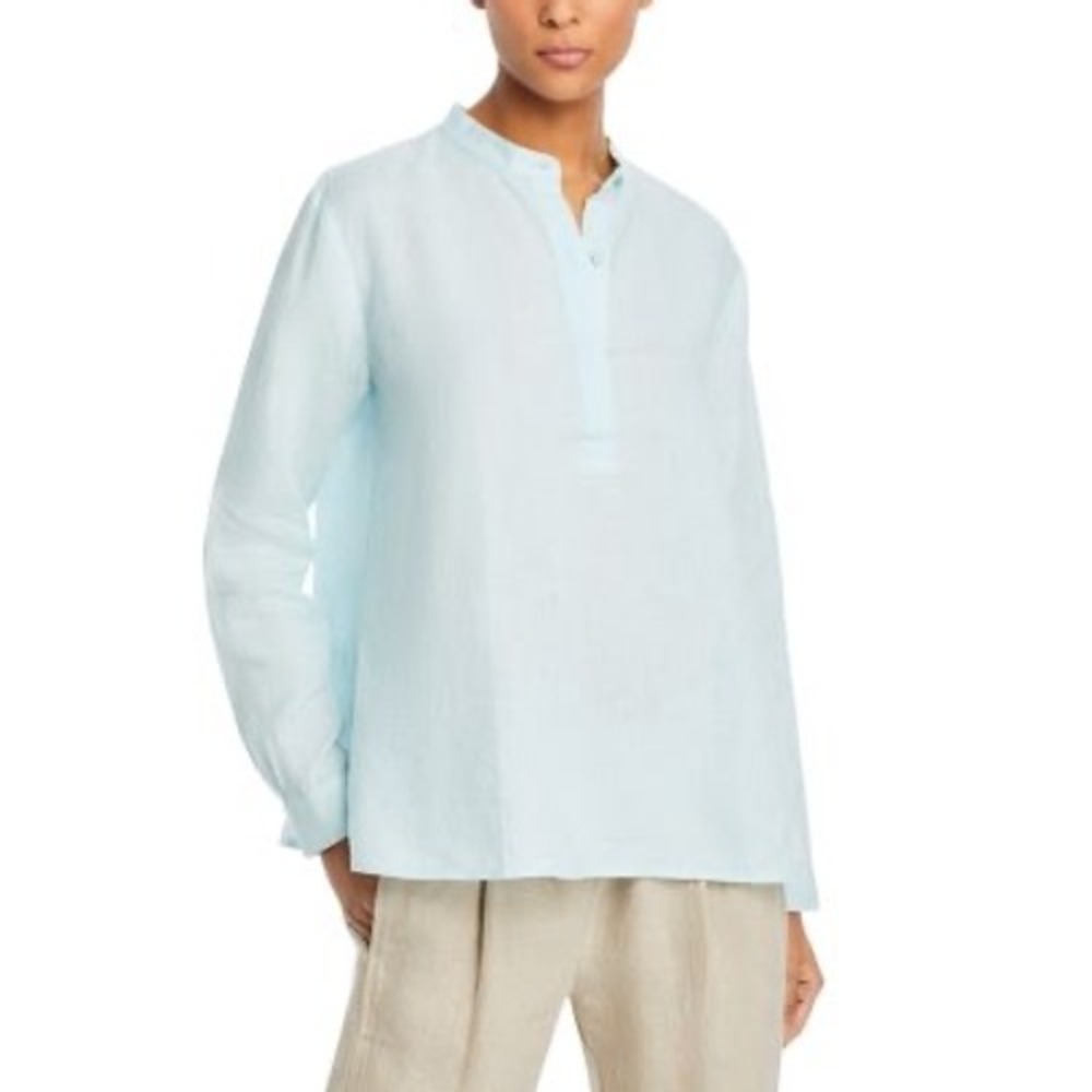 Eileen‎ Fisher Linen Band Collar Henley Top Blue XXS